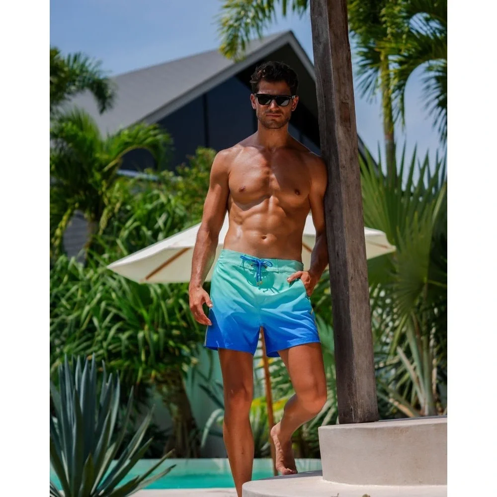 NEW Tucann Faded Ocean Swim Shorts Men Large 5 Inch Inseam Blue Teal Compression